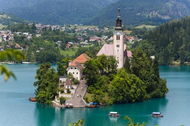 Bled, Slovenië. Kerk van de Tenhemelopneming, Bled Eiland